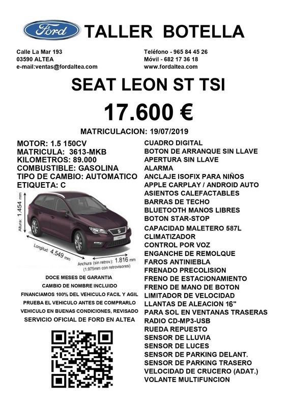 SEAT León Gasolina 1.5 EcoTSI 150cv S&S Xcellence Seminuevo en la provincia de Alicante - Taller Botella img-2