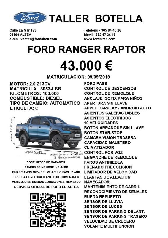 Ford Ranger Diésel FORD Ranger 2.0 TDCi 157kW 4x4 Dob Cab Raptor AT 4p. Seminuevo en la provincia de Alicante - Taller Botella img-2