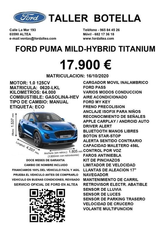 Ford Puma Híbrido 1.0 EcoBoost MHEV 125cv Titanium Seminuevo en la provincia de Alicante - Taller Botella img-2