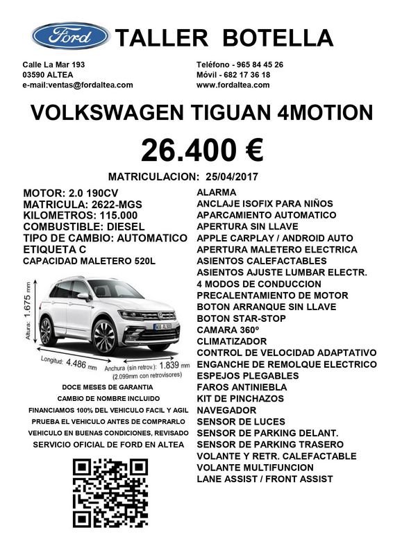 Volkswagen Tiguan Diésel Sport 2.0 TDI 140kW (190CV) DSG 4Motion Seminuevo en la provincia de Alicante - Taller Botella img-2