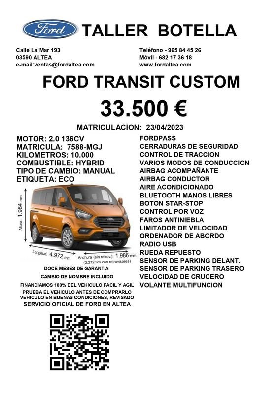 Ford Transit Custom Diésel 2.0 Ecoblue Hybrid 130cv 320 L1 Trend Seminuevo en la provincia de Alicante - Taller Botella img-2