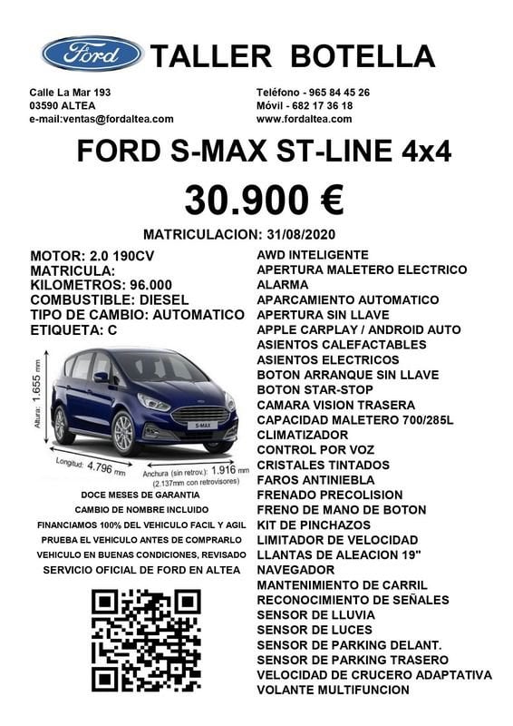 Ford S-MAX Diésel 2.0 TDCi Panther 190cv Auto. AWDST-Line Seminuevo en la provincia de Alicante - Taller Botella img-2